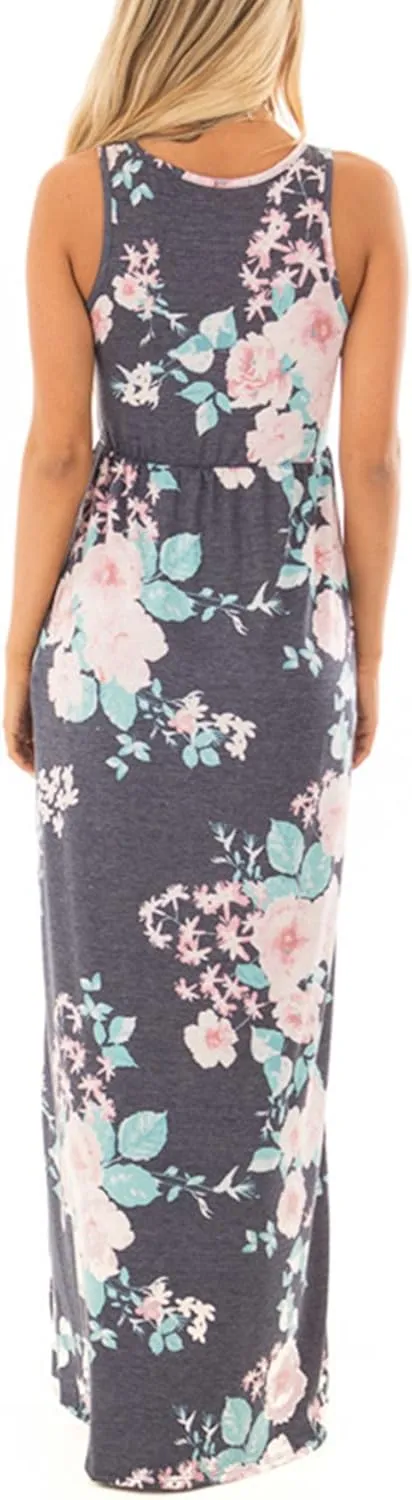 Women Racerback Floral Loose Swing Casual Tunic Beach Long Sleeveless Maxi Dresses with Pockets