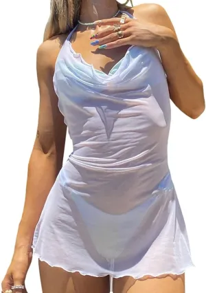 Women Sexy Mesh See-Thru Swimsuit Cover-Up Dress Halter Backless Ruffled Beach Sundress