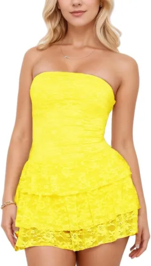Women Sexy Ruffle Lace Tiered Strapless Mini Dress Y2k Solid Sleeveless Backless Layered A-line Short Tube Dress