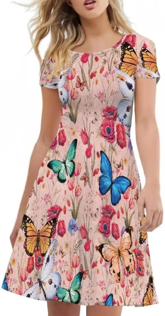 Women Short Sleeve Crew Neck Dresses Cute Graphic Summer Hawaiian Dress for Beach Party