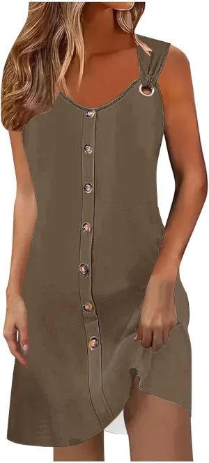 Women Summer Dresses Scoop Neck O-Ring Shoulder Sleeveless Button Tank Sundress 2025 Casual Beach A-Line Mini Dress