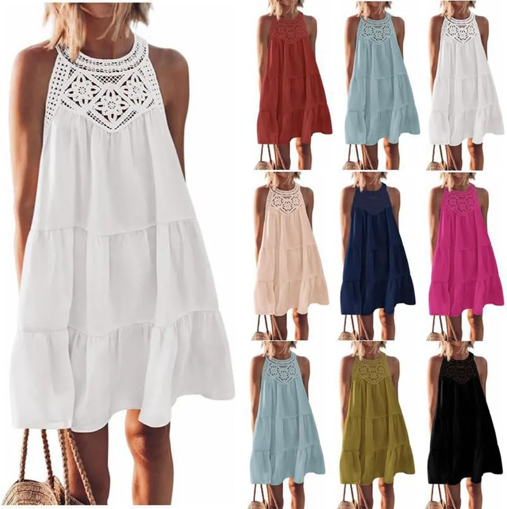 Women Summer Dresses Sleeveless Casual Hollow Out Halter A-Line Swing Sundress Beach Mini Dress