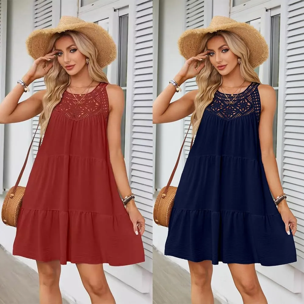 Women Summer Dresses Sleeveless Casual Hollow Out Halter A-Line Swing Sundress Beach Mini Dress