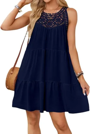 Women Summer Dresses Sleeveless Casual Hollow Out Halter A-Line Swing Sundress Beach Mini Dress