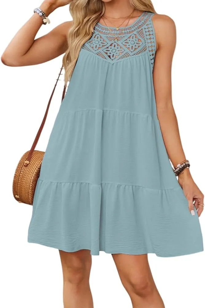 Women Summer Dresses Sleeveless Casual Hollow Out Halter A-Line Swing Sundress Beach Mini Dress