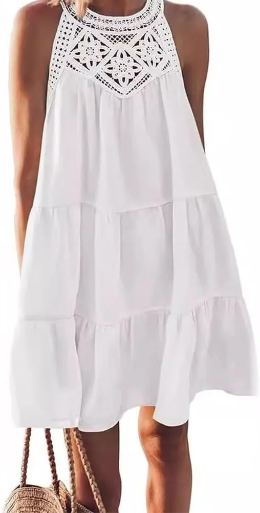 Women Summer Dresses Sleeveless Casual Hollow Out Halter A-Line Swing Sundress Beach Mini Dress