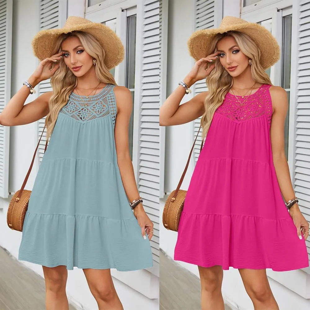 Women Summer Dresses Sleeveless Casual Hollow Out Halter A-Line Swing Sundress Beach Mini Dress