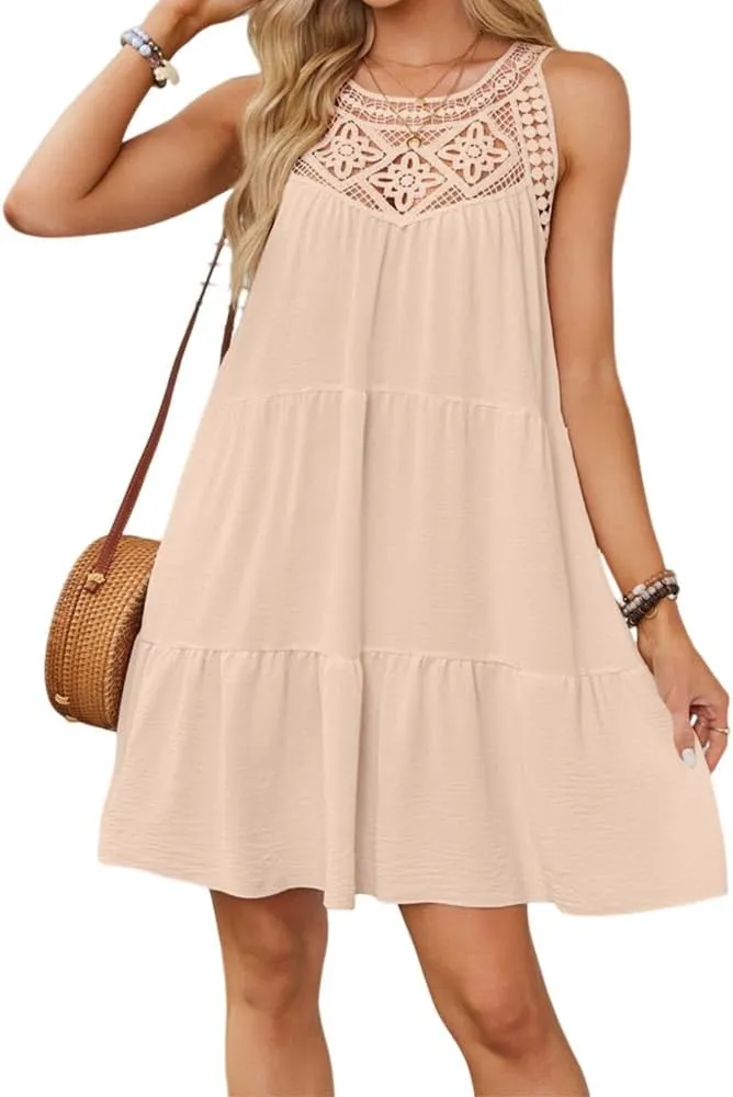 Women Summer Dresses Sleeveless Casual Hollow Out Halter A-Line Swing Sundress Beach Mini Dress