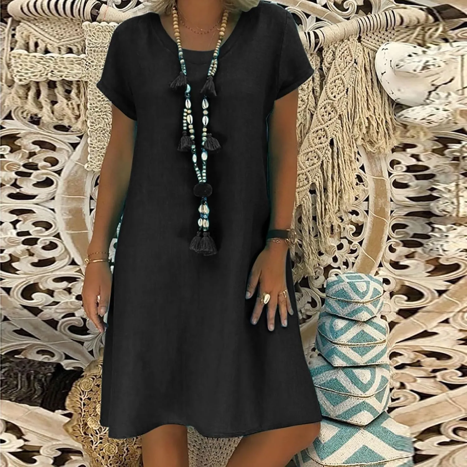 Women Summer Linen Dresses Cotton Boho Shirt Dresses Midi Length Casual Plus Size Dress Trendy Ladies Beach