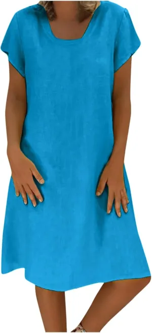 Women Summer Linen Dresses Cotton Boho Shirt Dresses Midi Length Casual Plus Size Dress Trendy Ladies Beach