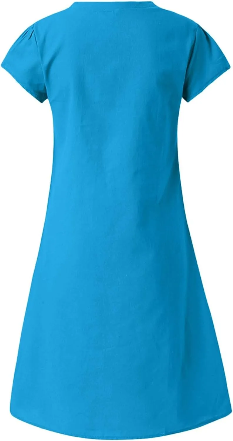 Women Summer Linen Dresses Cotton Boho Shirt Dresses Midi Length Casual Plus Size Dress Trendy Ladies Beach