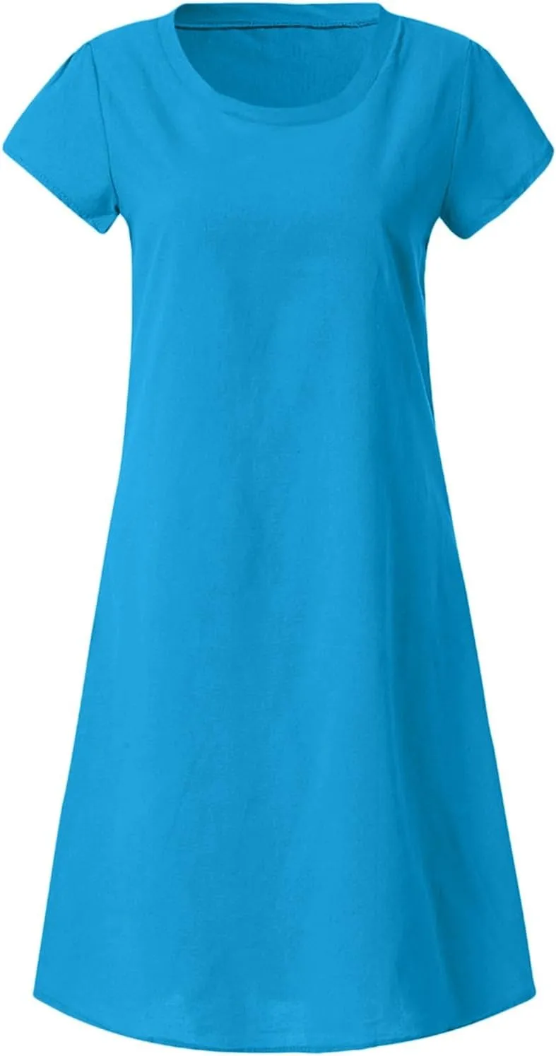 Women Summer Linen Dresses Cotton Boho Shirt Dresses Midi Length Casual Plus Size Dress Trendy Ladies Beach