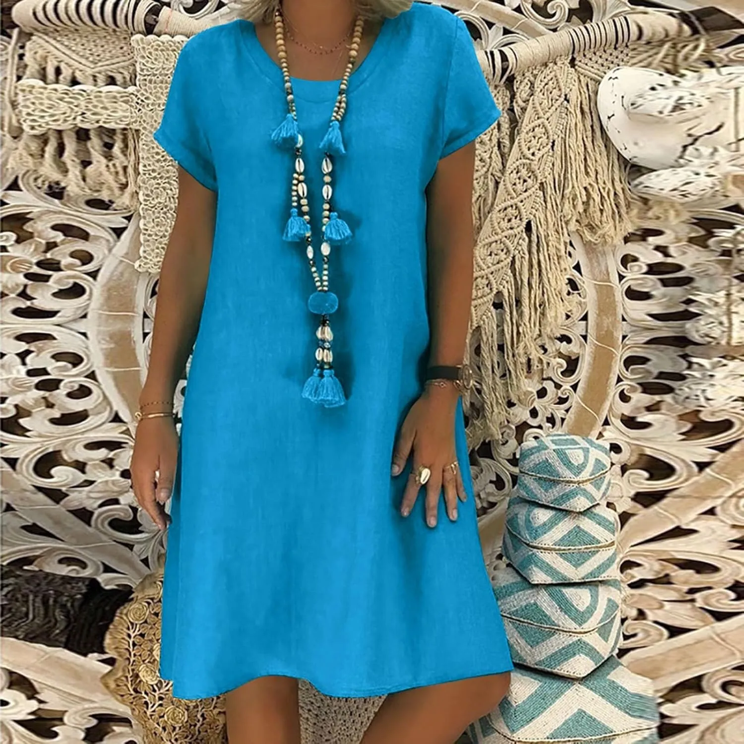 Women Summer Linen Dresses Cotton Boho Shirt Dresses Midi Length Casual Plus Size Dress Trendy Ladies Beach