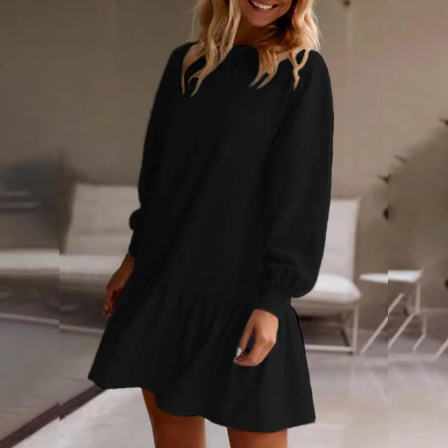 Women Sweatshirt Dress Long Sleeve Crewneck Pullover Fall Babydoll Dressy Tops Flowy Ruffled Sweatshirt Mini Dresses