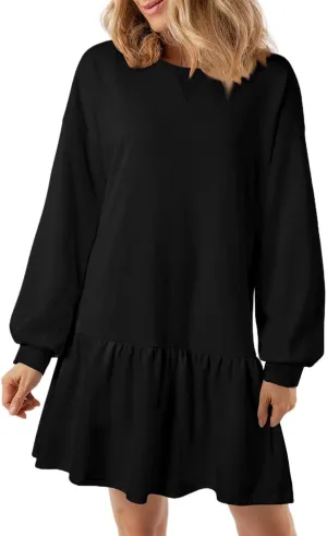 Women Sweatshirt Dress Long Sleeve Crewneck Pullover Fall Babydoll Dressy Tops Flowy Ruffled Sweatshirt Mini Dresses