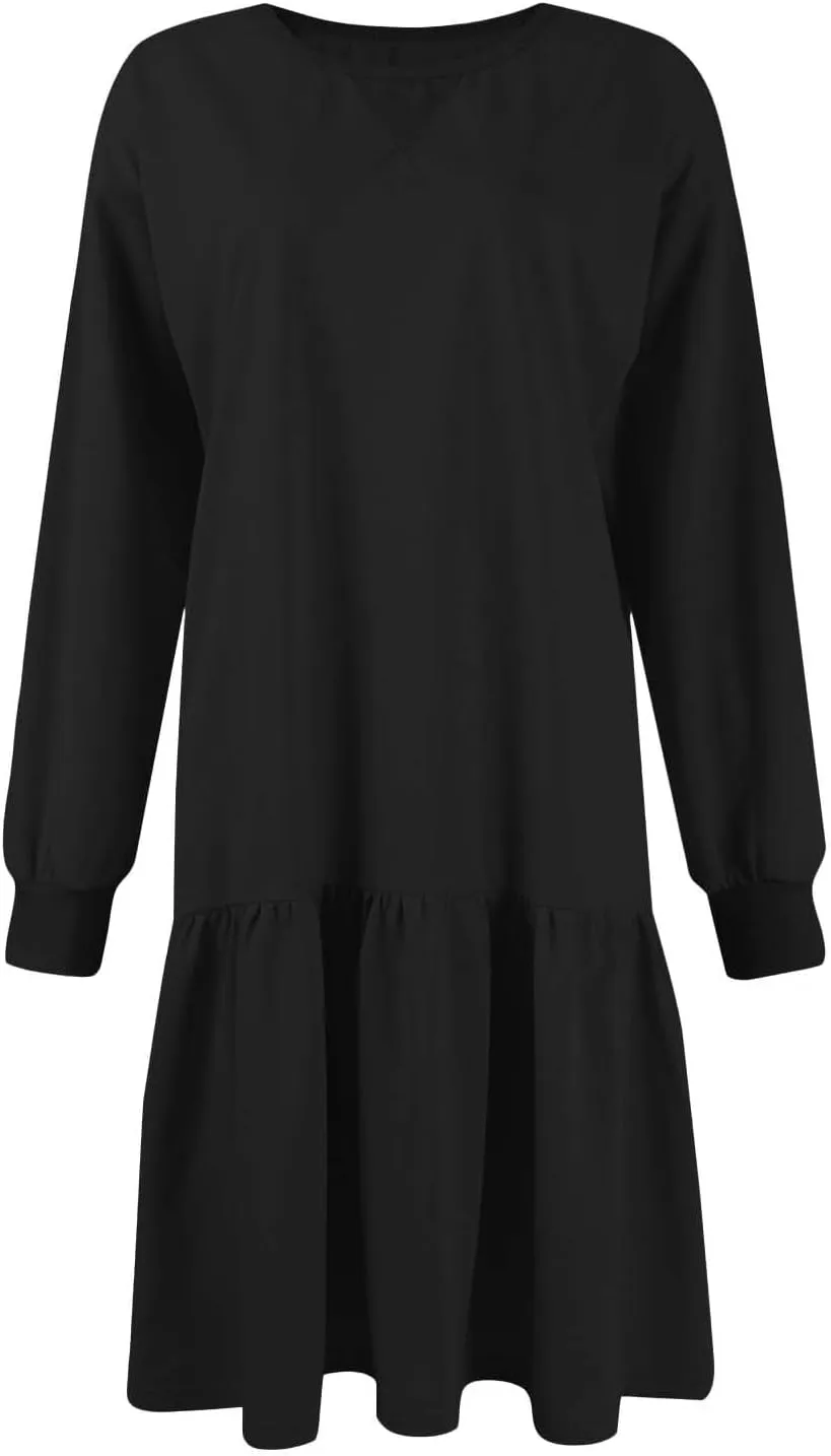 Women Sweatshirt Dress Long Sleeve Crewneck Pullover Fall Babydoll Dressy Tops Flowy Ruffled Sweatshirt Mini Dresses