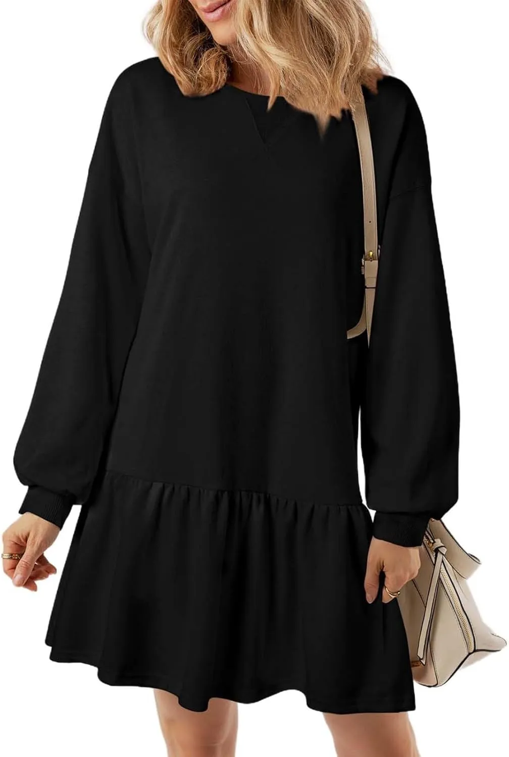 Women Sweatshirt Dress Long Sleeve Crewneck Pullover Fall Babydoll Dressy Tops Flowy Ruffled Sweatshirt Mini Dresses