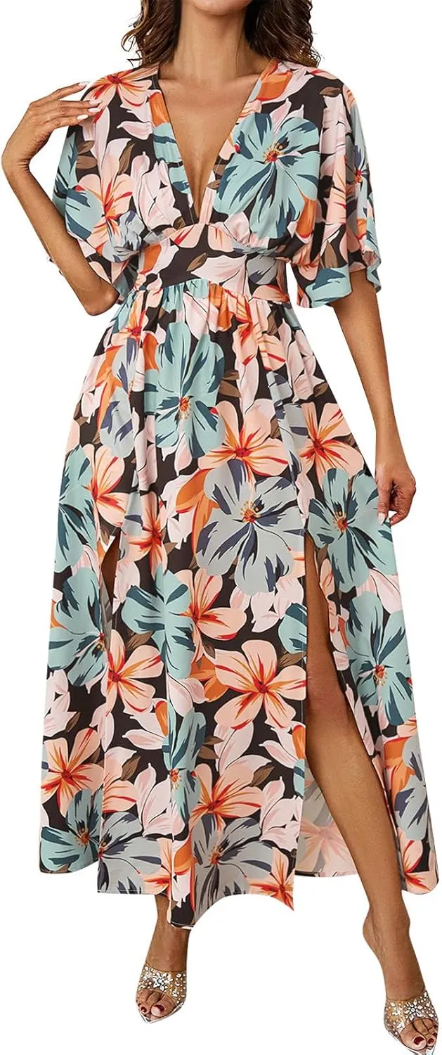 Women V Neck Summer Dress 2025 Long Sleeve Swiss Dot Boho Flowy Ruffle Slit Beach Party Long Maxi Ruffle Dresses