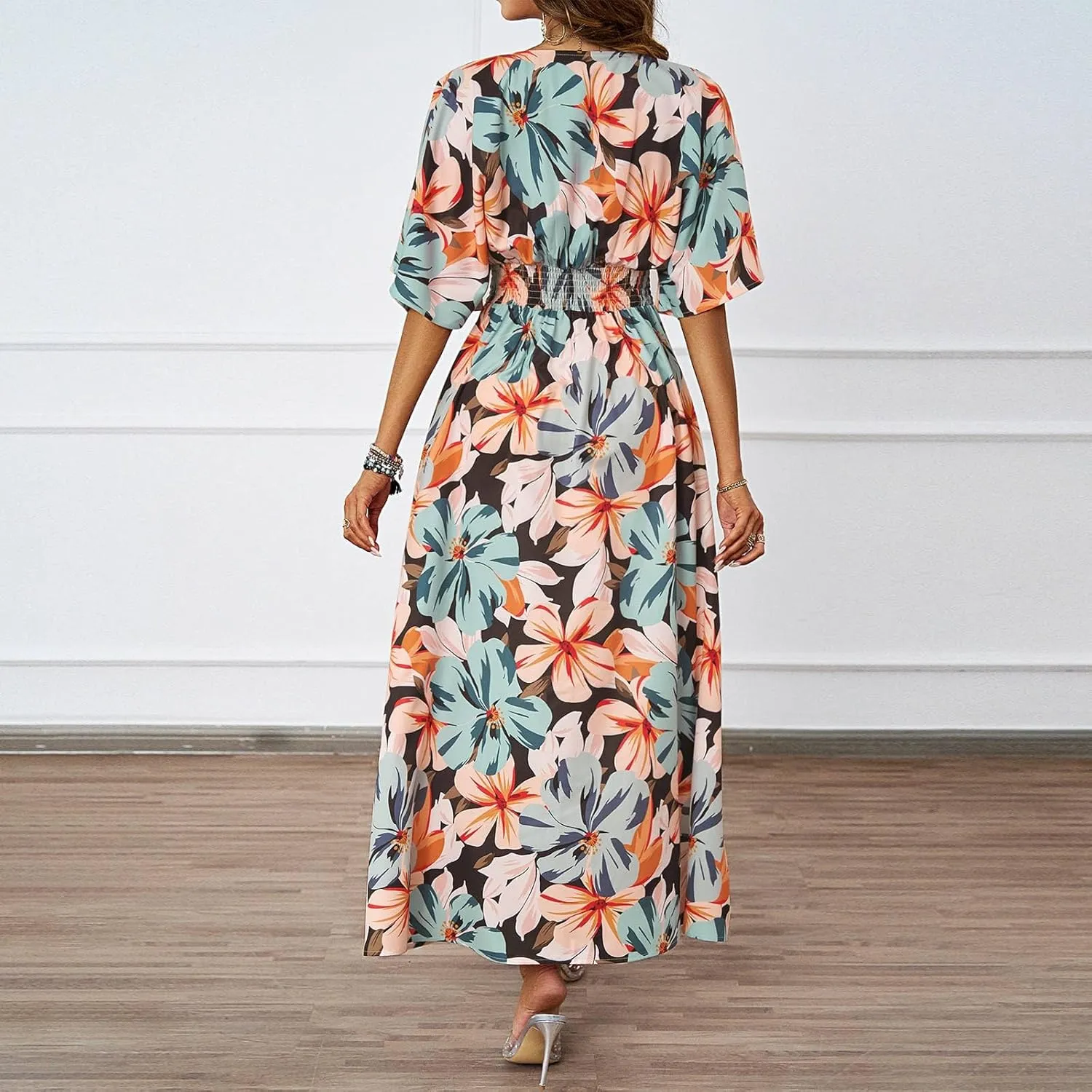 Women V Neck Summer Dress 2025 Long Sleeve Swiss Dot Boho Flowy Ruffle Slit Beach Party Long Maxi Ruffle Dresses