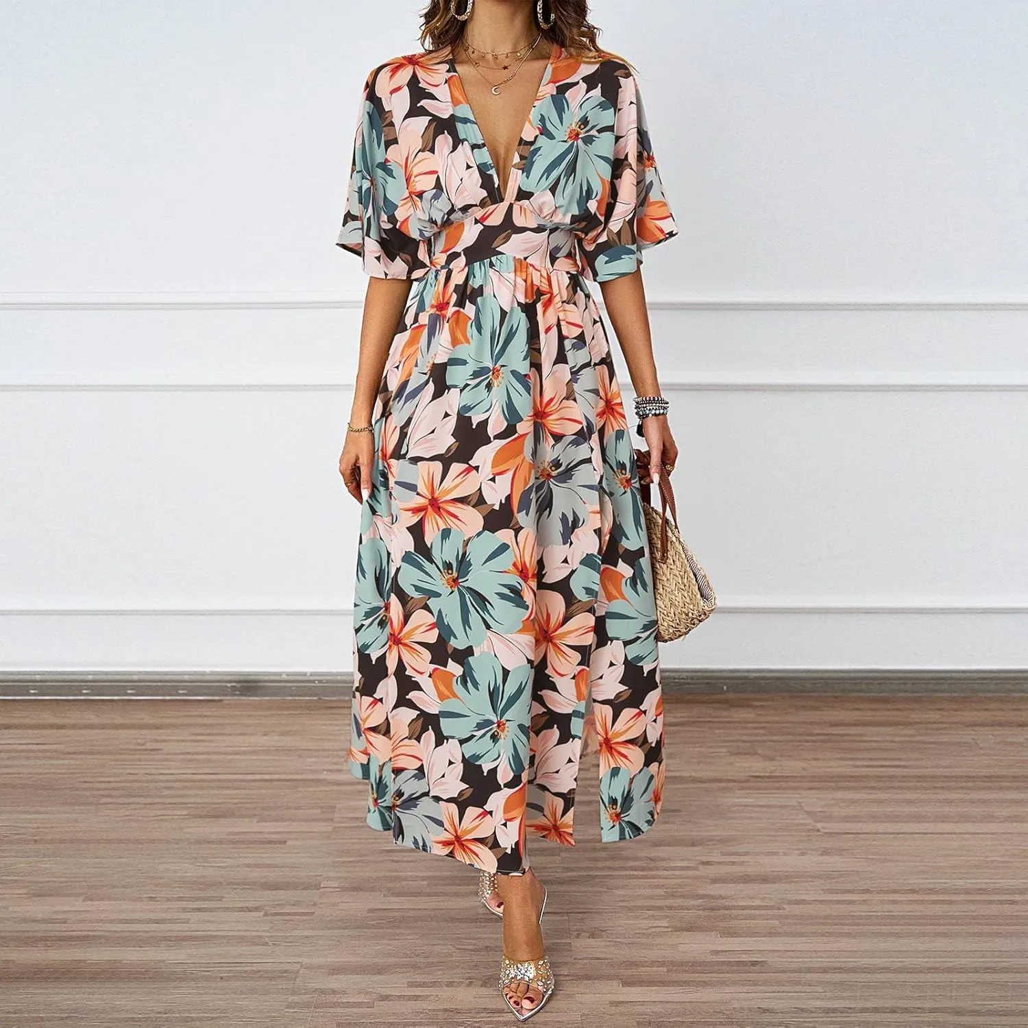 Women V Neck Summer Dress 2025 Long Sleeve Swiss Dot Boho Flowy Ruffle Slit Beach Party Long Maxi Ruffle Dresses