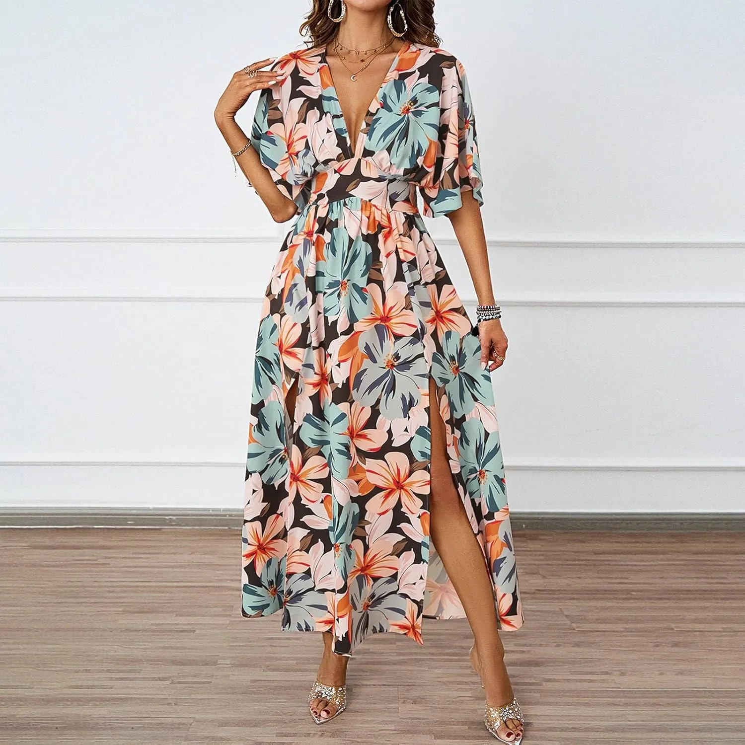 Women V Neck Summer Dress 2025 Long Sleeve Swiss Dot Boho Flowy Ruffle Slit Beach Party Long Maxi Ruffle Dresses