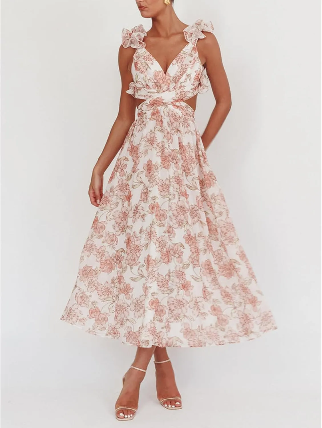 Women Y2k Lace Up Back Floral Maxi Dress Cute Ruffle Trim Backless Tie Beach Formal Long Flowy Dresses