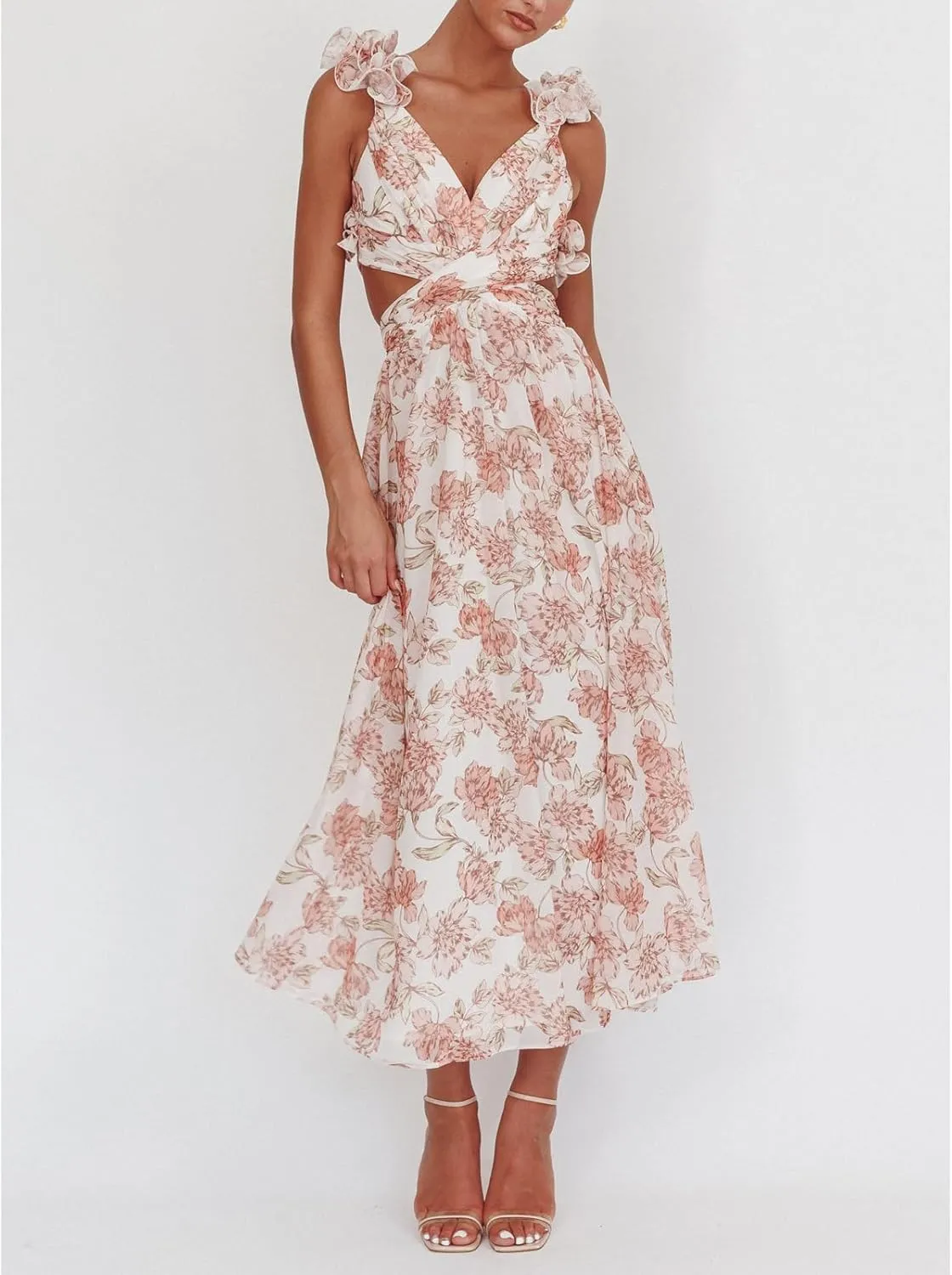 Women Y2k Lace Up Back Floral Maxi Dress Cute Ruffle Trim Backless Tie Beach Formal Long Flowy Dresses