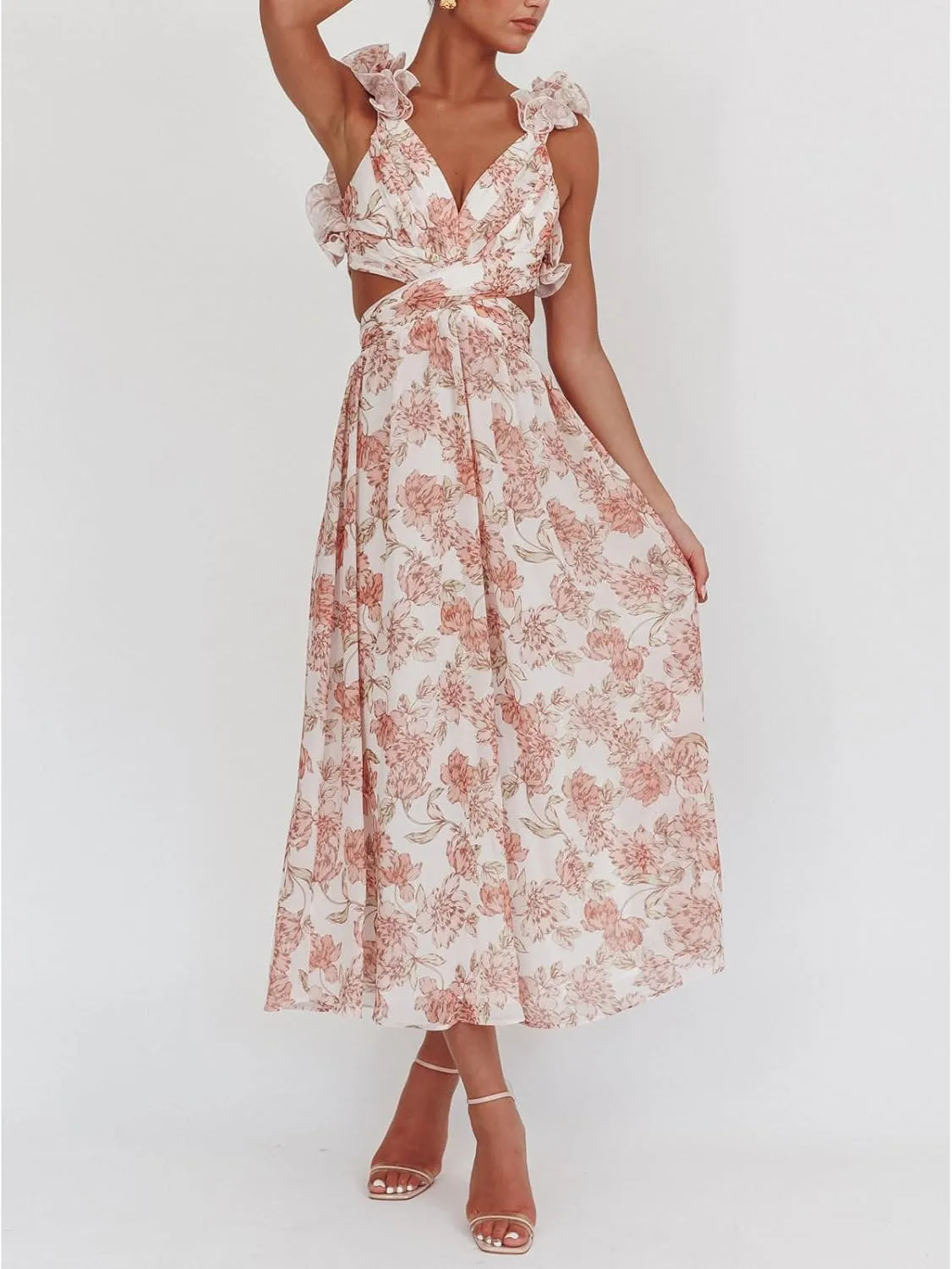 Women Y2k Lace Up Back Floral Maxi Dress Cute Ruffle Trim Backless Tie Beach Formal Long Flowy Dresses