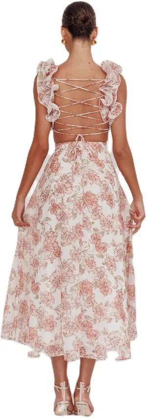 Women Y2k Lace Up Back Floral Maxi Dress Cute Ruffle Trim Backless Tie Beach Formal Long Flowy Dresses