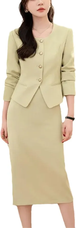 Women's 2 Piece Suit Skirt Set Long Sleeve Single Breasted Slim Fit Jacket and Pencil Skirts