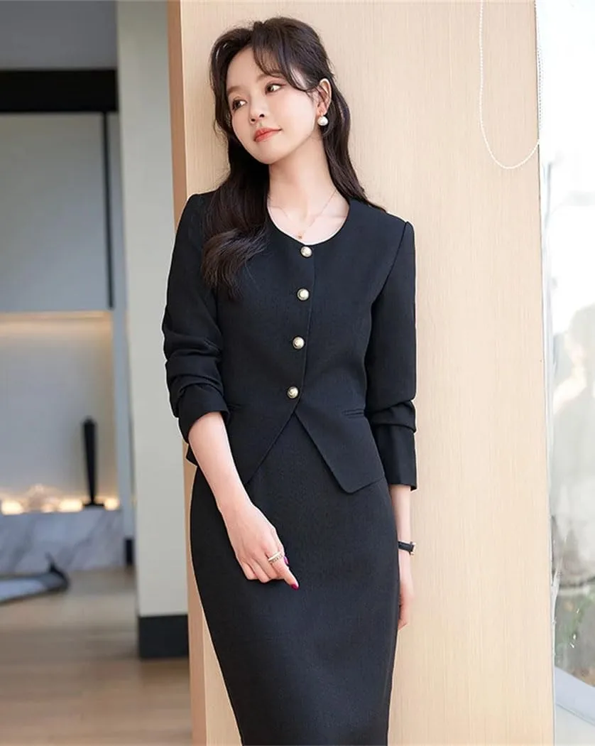 Women's 2 Piece Suit Skirt Set Long Sleeve Single Breasted Slim Fit Jacket and Pencil Skirts