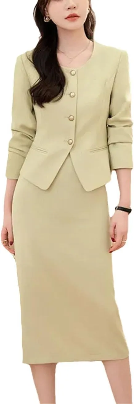 Women's 2 Piece Suit Skirt Set Long Sleeve Single Breasted Slim Fit Jacket and Pencil Skirts