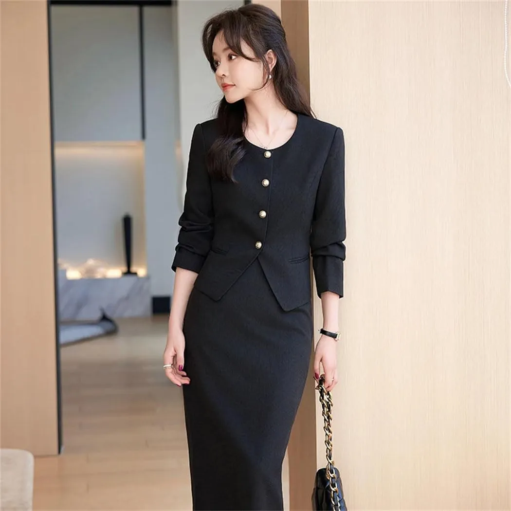 Women's 2 Piece Suit Skirt Set Long Sleeve Single Breasted Slim Fit Jacket and Pencil Skirts