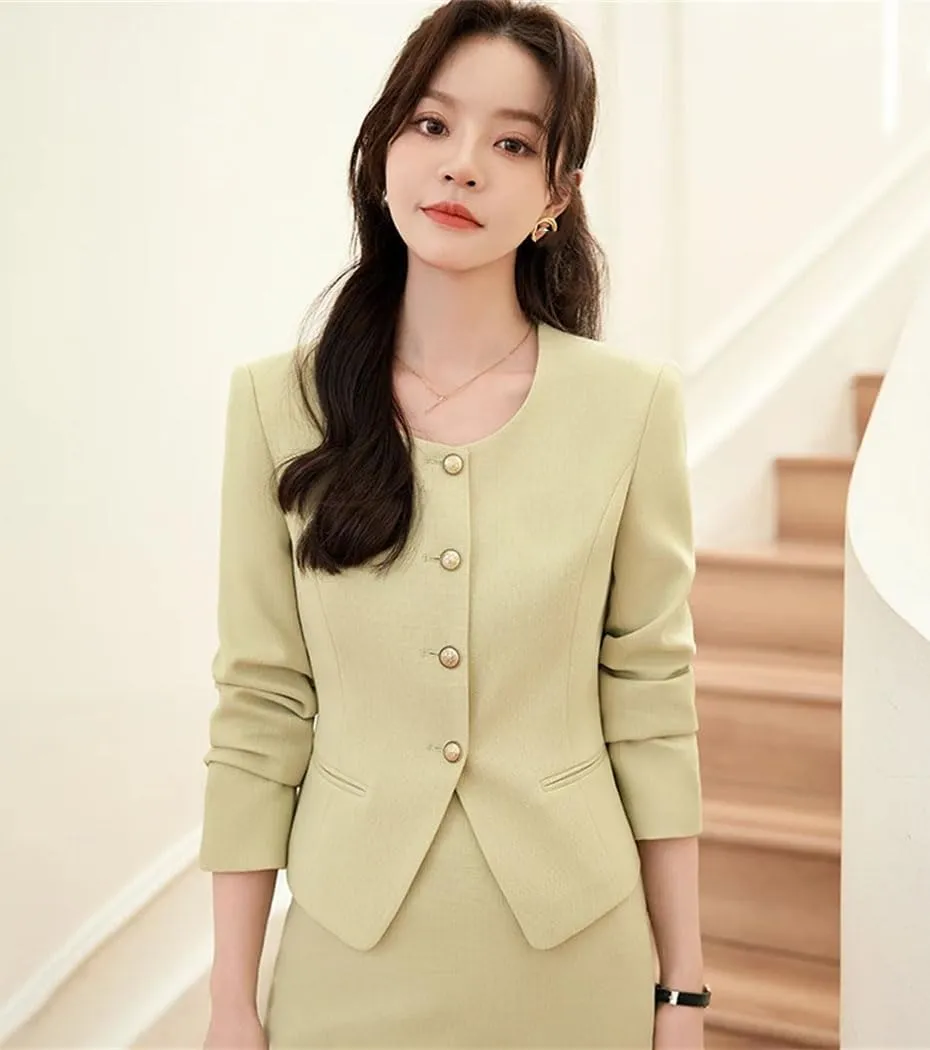 Women's 2 Piece Suit Skirt Set Long Sleeve Single Breasted Slim Fit Jacket and Pencil Skirts