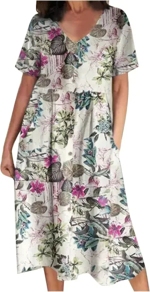 Women's 2025 Plus Size Cotton Linen Dresses Short Sleeve V-Neck Solid Shirt Dress Summer Loose Fit Dress with Pockets