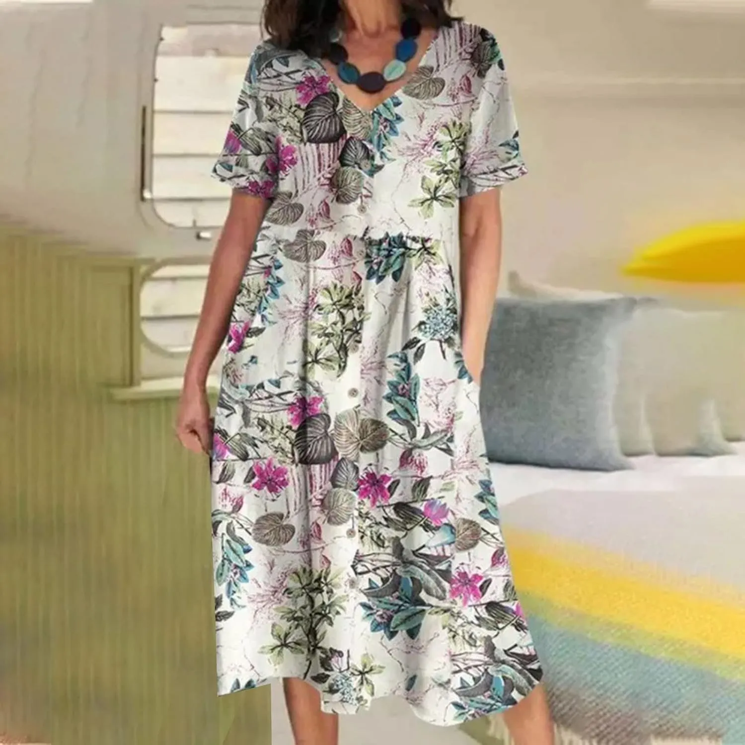 Women's 2025 Plus Size Cotton Linen Dresses Short Sleeve V-Neck Solid Shirt Dress Summer Loose Fit Dress with Pockets