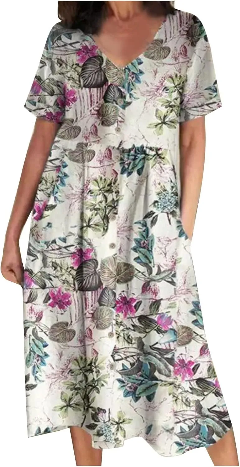 Women's 2025 Plus Size Cotton Linen Dresses Short Sleeve V-Neck Solid Shirt Dress Summer Loose Fit Dress with Pockets