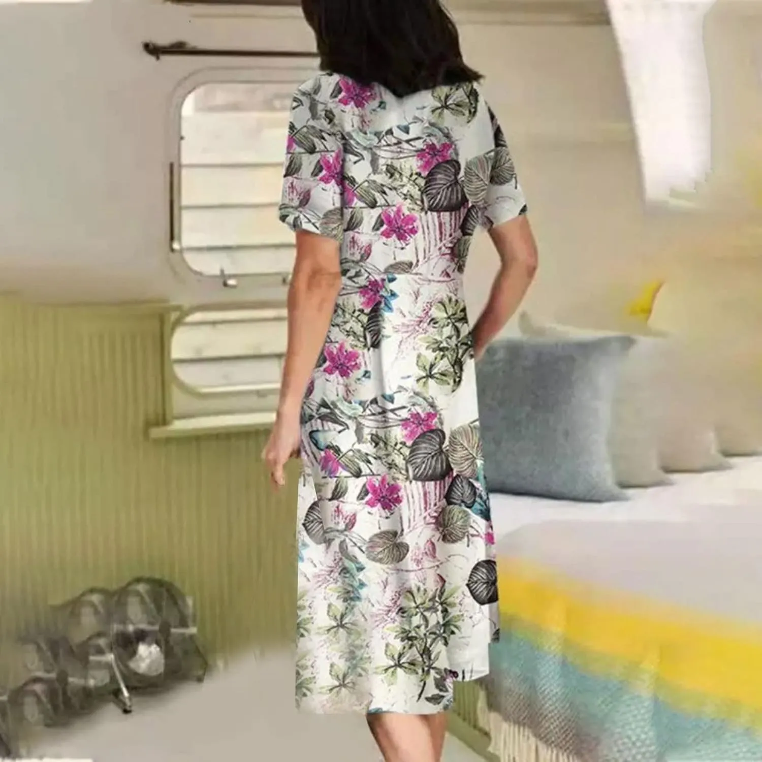 Women's 2025 Plus Size Cotton Linen Dresses Short Sleeve V-Neck Solid Shirt Dress Summer Loose Fit Dress with Pockets