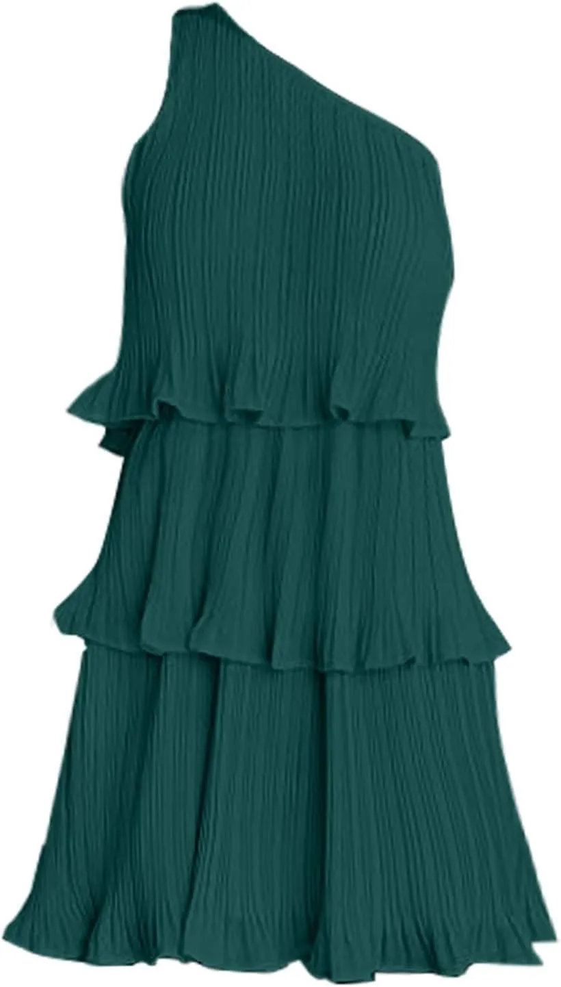 Women's 2025 Summer One Shoulder Dresses Ruffle Short Sleeve Ruffle Tiered Layered Swing A Line Long Sleeve Summer Dress