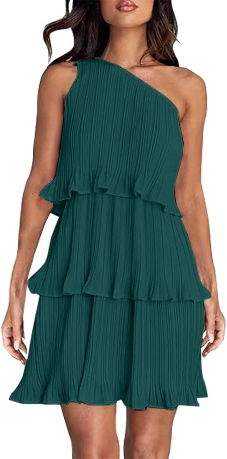 Women's 2025 Summer One Shoulder Dresses Ruffle Short Sleeve Ruffle Tiered Layered Swing A Line Long Sleeve Summer Dress