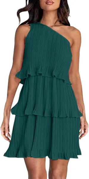 Women's 2025 Summer One Shoulder Dresses Ruffle Short Sleeve Ruffle Tiered Layered Swing A Line Long Sleeve Summer Dress