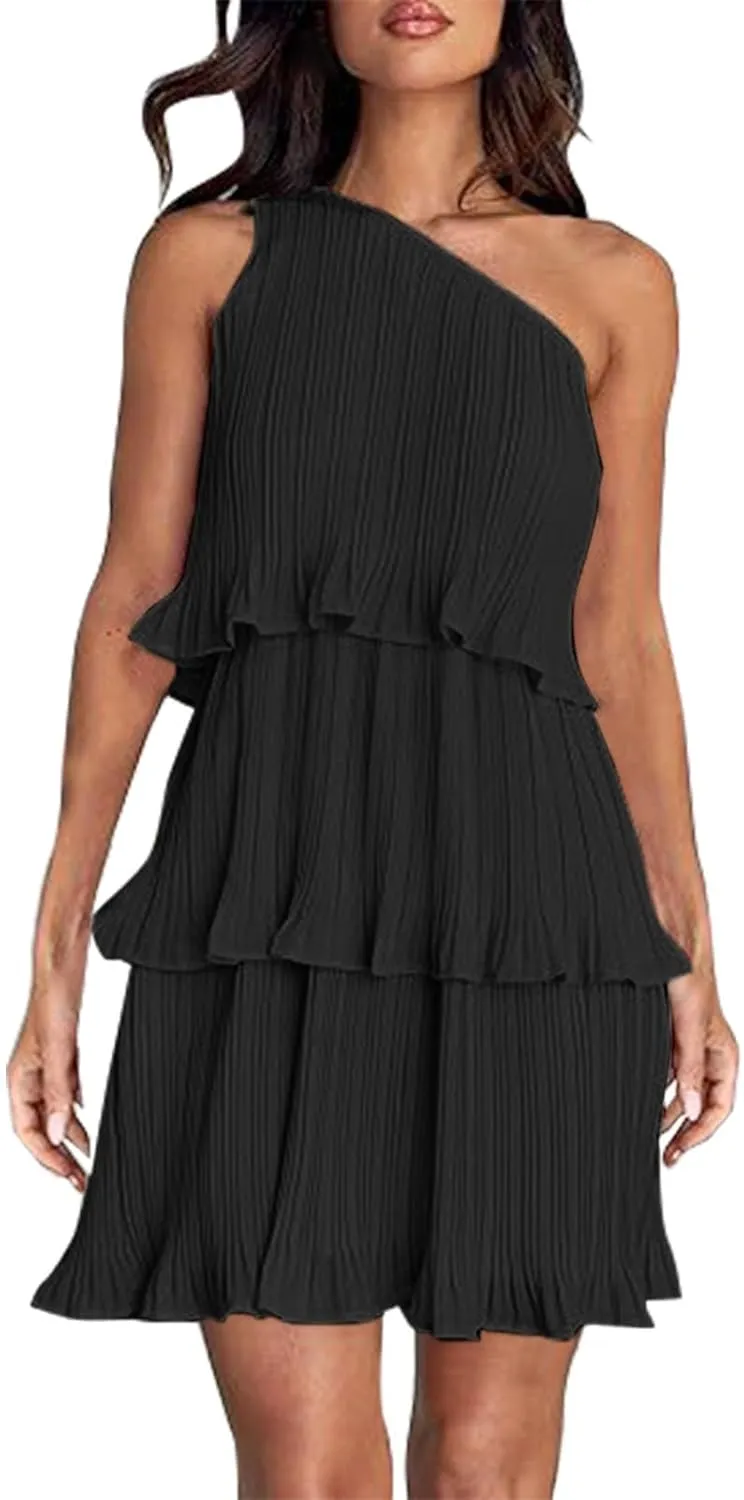 Women's 2025 Summer One Shoulder Dresses Ruffle Short Sleeve Ruffle Tiered Layered Swing A Line Long Sleeve Summer Dress