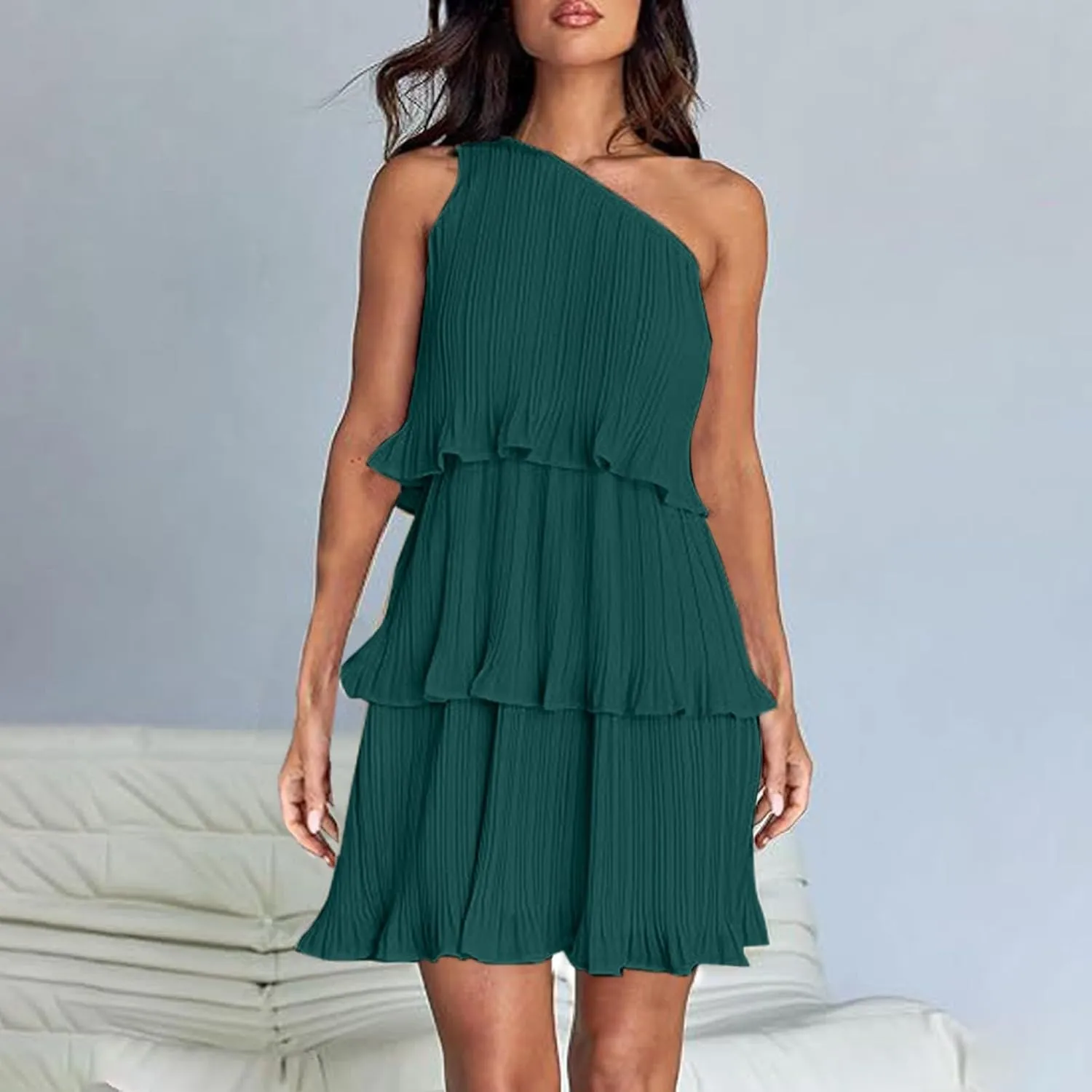 Women's 2025 Summer One Shoulder Dresses Ruffle Short Sleeve Ruffle Tiered Layered Swing A Line Long Sleeve Summer Dress