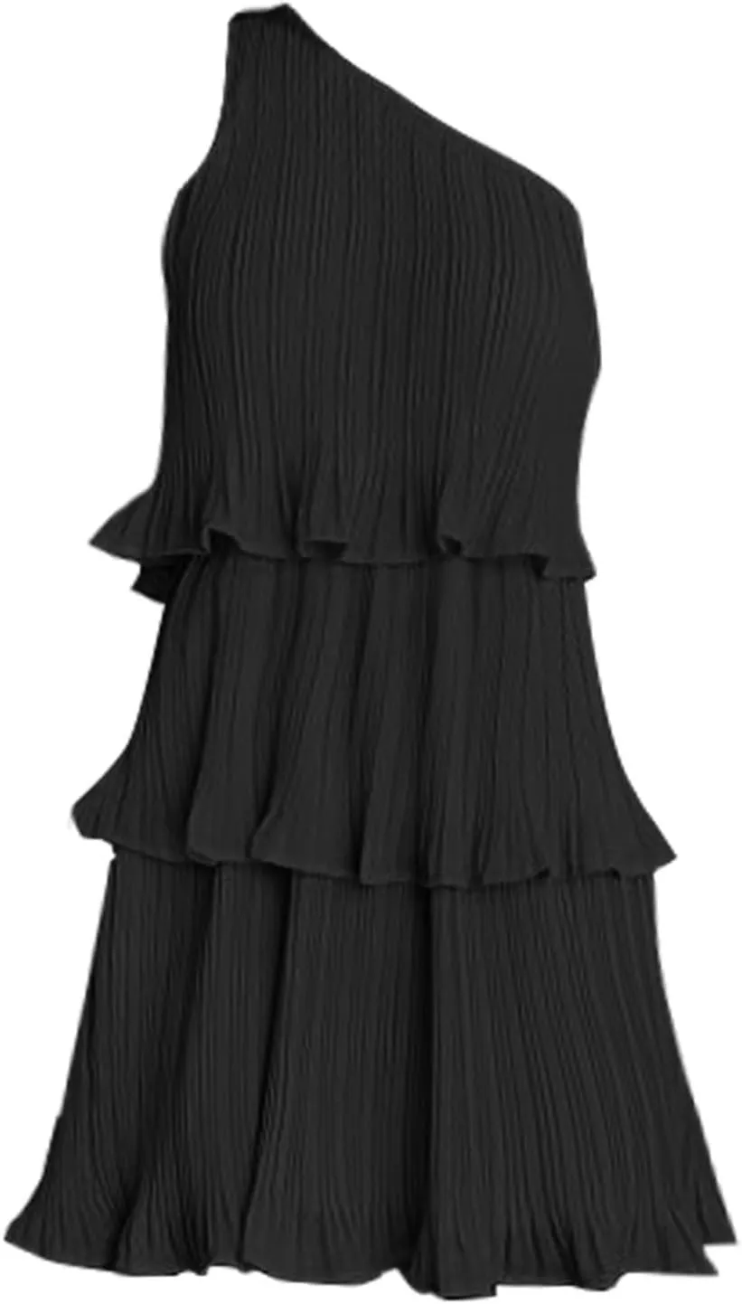 Women's 2025 Summer One Shoulder Dresses Ruffle Short Sleeve Ruffle Tiered Layered Swing A Line Long Sleeve Summer Dress