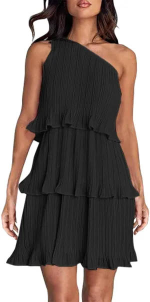 Women's 2025 Summer One Shoulder Dresses Ruffle Short Sleeve Ruffle Tiered Layered Swing A Line Long Sleeve Summer Dress