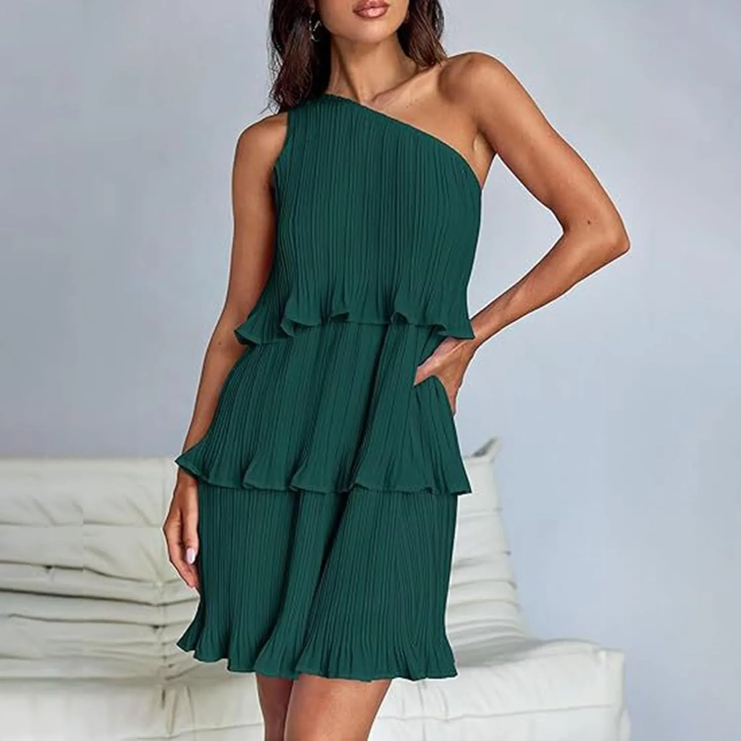 Women's 2025 Summer One Shoulder Dresses Ruffle Short Sleeve Ruffle Tiered Layered Swing A Line Long Sleeve Summer Dress