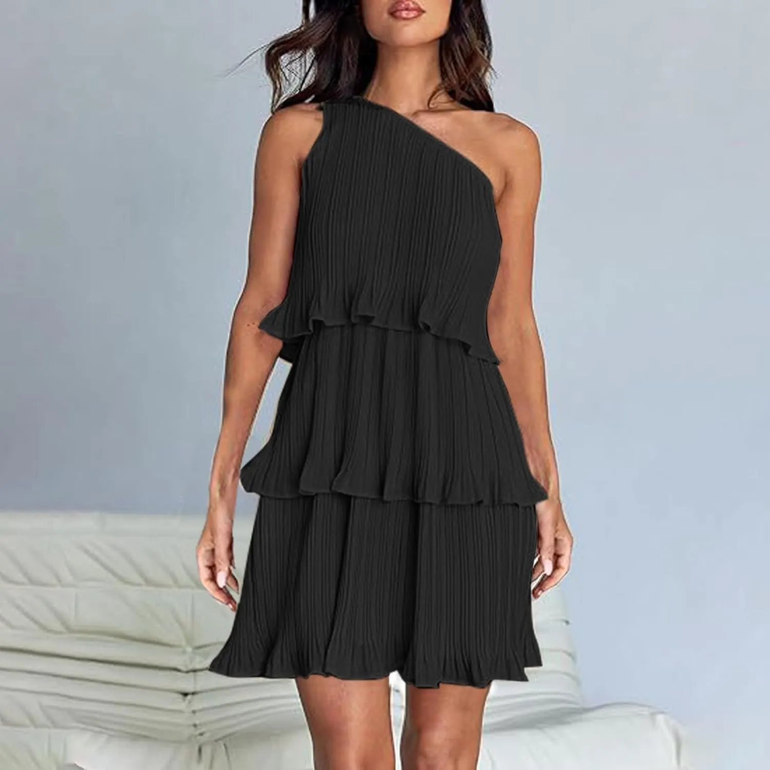 Women's 2025 Summer One Shoulder Dresses Ruffle Short Sleeve Ruffle Tiered Layered Swing A Line Long Sleeve Summer Dress