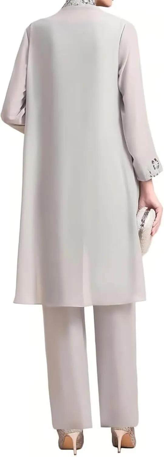 Women's 3 pcs Mother of The Bride Pant Suits Dressy Casual Long Sleeve Pantsuit for Wedding Guest