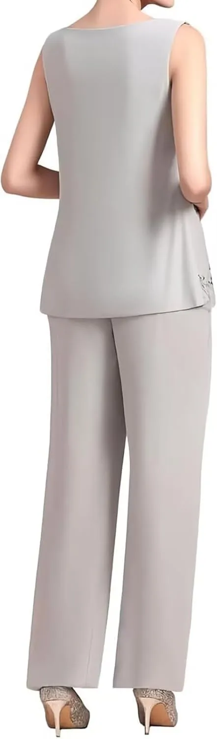 Women's 3 pcs Mother of The Bride Pant Suits Dressy Casual Long Sleeve Pantsuit for Wedding Guest