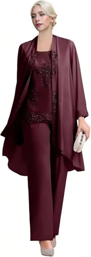 Women's 3 pcs Mother of The Bride Pant Suits Dressy Casual Long Sleeve Pantsuit for Wedding Guest
